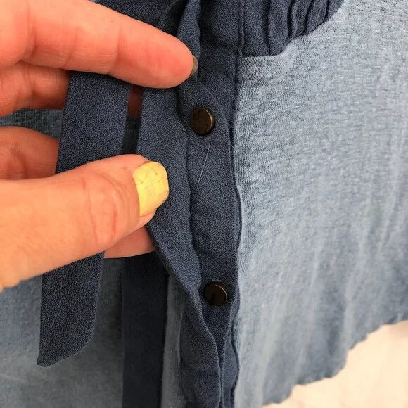 Lucky Brand tie neck shirt boho tuxedo light denim Blue prairie peasant top XS - Picture 4 of 9